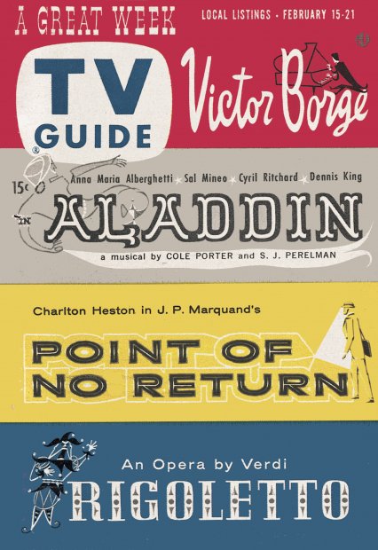 TV Guide cover - A Great Week: Victor Borge, Aladdin, Point of No Return, Rigoletto - February 15, 1958