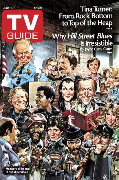 TV Guide cover - Taurean Blacque, Barbara Bosson, Rene Enriquez, Charles Haid, Veronica Hamel, Robert Hirschfeld, Ed Marinaro, Kiel Martin, Robert Prosky, James B. Sikking, Joe Spano, Betty Thomas, Daniel J. Travanti, Michael Warren, Bruce Weitz - June 1, 1985