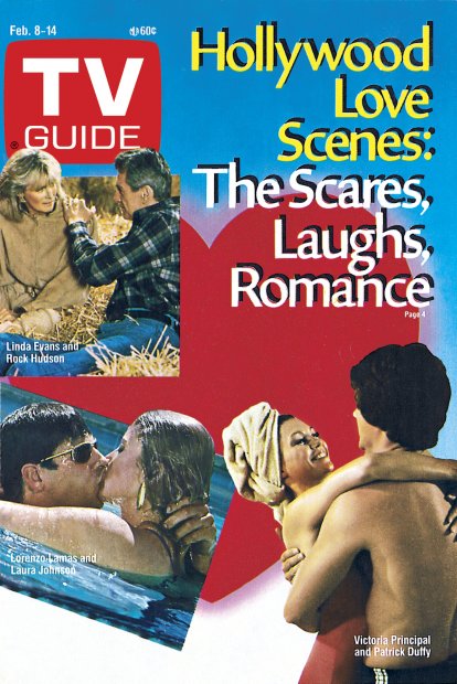 TV Guide cover - Patrick Duffy, Linda Evans, Rock Hudson, Laura Johnson, Lorenzo Lamas, Victoria Principal - February 8, 1986