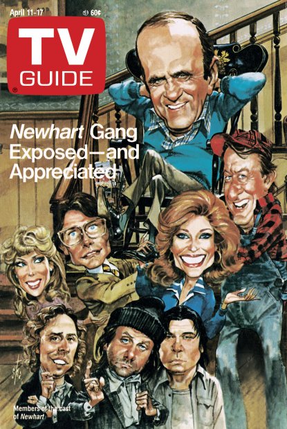 TV Guide cover - Julia Duffy, Mary Frann, Bob Newhart, Tony Papenfuss, Tom Poston, William Sanderson, Peter Scolari, John Volstad - April 11, 1987