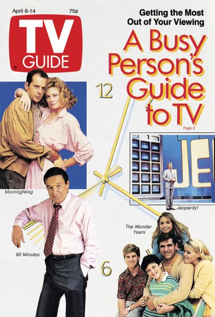 TV Guide cover - Olivia d'Abo, Jason Hervey, Dan Lauria, Alley Mills, Dan Rather, Fred Savage, Cybill Shepherd, Alex Trebek, Bruce Willis - April 8, 1989
