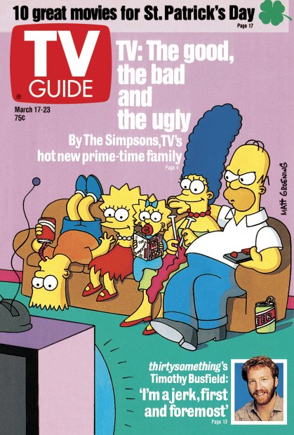 TV Guide cover - Bart Simpson, Lisa Simpson, Maggie Simpson, Marge Simpson, Homer Simpson, Timothy Busfield - March 17, 1990