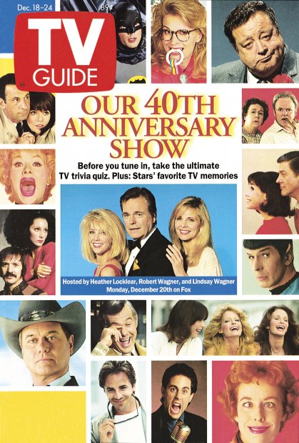 TV Guide cover - Don Adams, Lucille Ball, Candice Bergen, Sonny Bono, Carol Burnett, Johnny Carson, Cher, Farrah Fawcett, Barbara Feldon, Jackie Gleason, Larry Hagman, Kate Jackson, Don Johnson, Heather Locklear, Mary Tyler Moore, Leonard Nimoy, Carroll O'Connor, Jerry Seinfeld, Jaclyn Smith, Jean Stapleton, Dick Van Dyke, Lindsay Wagner, Robert Wagner, Adam West - December 18, 1993