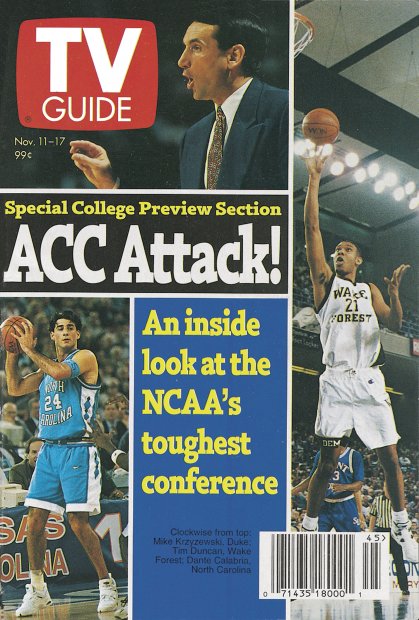 TV Guide cover - Dante Calabria, Tim Duncan, Mike Krzyzewski - November 11, 1995