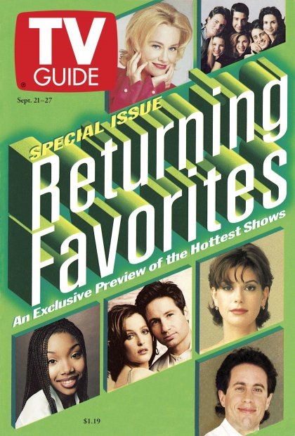 TV Guide cover - Gillian Anderson, Jennifer Aniston, Courteney Cox, David Duchovny, Teri Hatcher, Lisa Kudrow, Matt LeBlanc, Brandy Norwood, Matthew Perry, David Schwimmer, Jerry Seinfeld, Cybill Shepherd - September 21, 1996