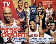 TV Guide cover - Patrick Ewing, Kevin Garnett, Tim Hardaway, Grant Hill, Eddie Jones, Michael Jordan, Dikembe Mutombo, Hakeem Olajuwon, Gary Payton, John Stockton - April 12, 1997