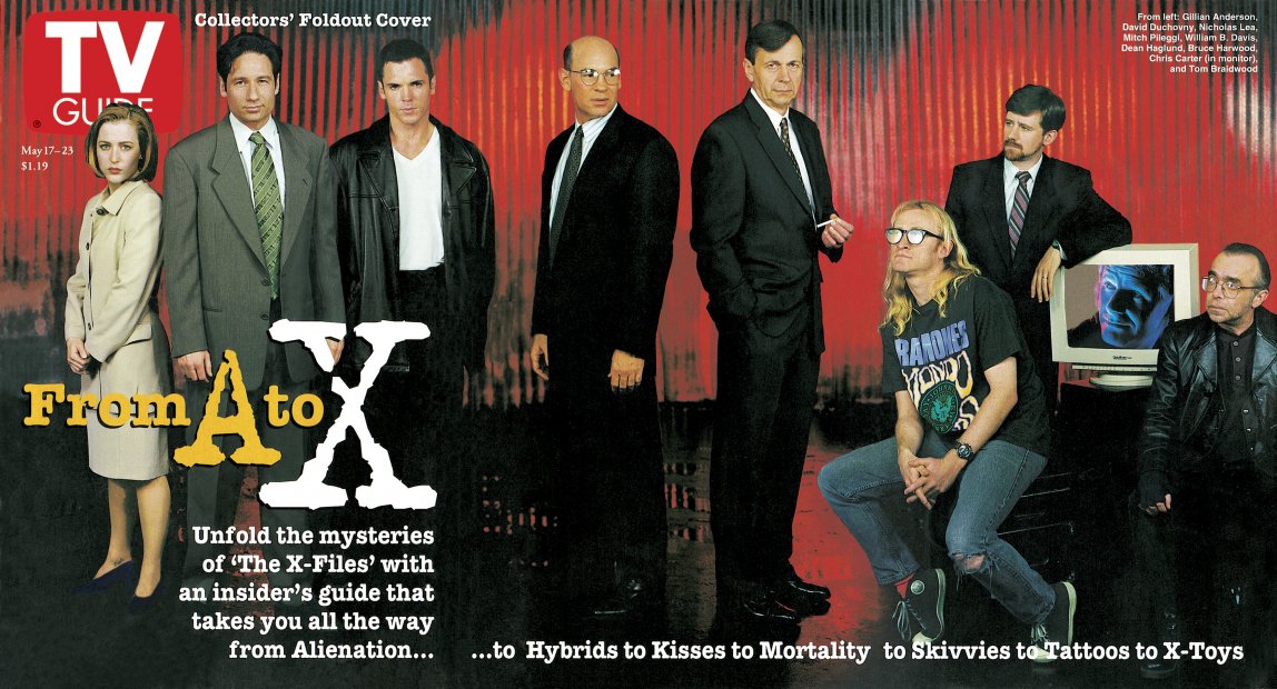 TV Guide cover - Gillian Anderson, Tom Braidwood, Chris Carter, William B. Davis, David Duchovny, Dean Haglund, Bruce Harwood, Nicholas Lea, Mitch Pileggi - May 17, 1997