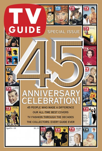 TV Guide cover - Desi Arnaz Jr., John Astin, Lucille Ball, Johnny Carson, Hugh Downs, Jimmy Durante, Farrah Fawcett, Barbara Feldon, Fred Flintstone, Andy Griffith, Alfred Hitchcock, Ron Howard, Kate Jackson, Carolyn Jones, Jacqueline Kennedy, Bruce Lee, Dean Martin, Steve McQueen, Mary Tyler Moore, Dick Van Dyke, Adam West, Van Williams, Loretta Young - April 4, 1998