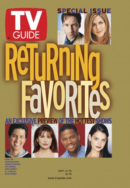 TV Guide cover - Jennifer Aniston, Roma Downey, David Duchovny, Katie Holmes, D.L. Hughley, Ray Romano - September 4, 1999