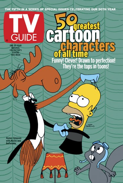 TV Guide cover - Bullwinkle, Rocky, Homer Simpson - August 3, 2002