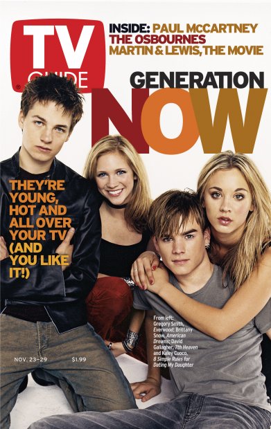 TV Guide cover - Kaley Cuoco, David Gallagher, Gregory Smith, Brittany Snow - November 23, 2002