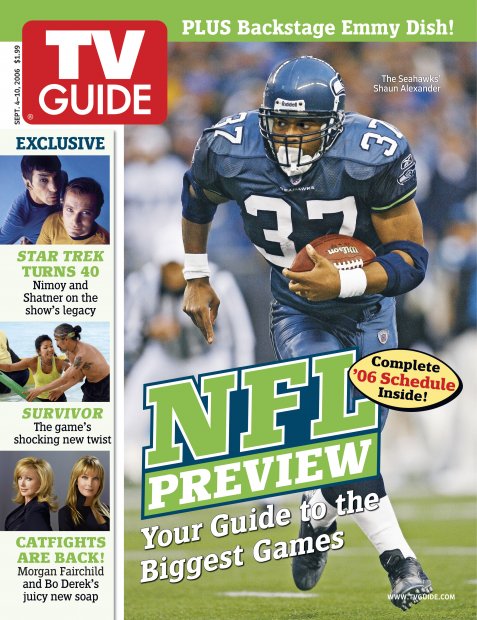 TV Guide cover - Shaun Alexander, Bo Derek, Morgan Fairchild, Leonard Nimoy, William Shatner - September 4, 2006