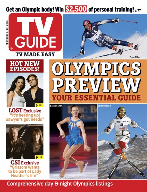 TV Guide cover - Jeremy Bloom, Melinda Clarke, Sasha Cohen, Josh Holloway, Evangeline Lilly, Bode Miller, Wiliam Petersen - February 6, 2006