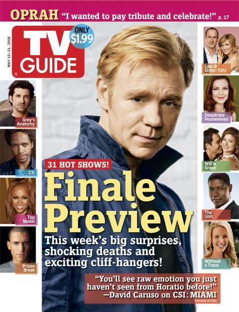 TV Guide cover - Tyra Banks, David Caruso, Marcia Cross, Patrick Dempsey, Gary Dourdan, Mariska Hargitay, Dennis Haysbert, Eric McCormack, Christopher Meloni, Debra Messing, Wentworth Miller, Poppy Montgomery - May 15, 2006