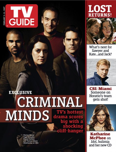 TV Guide cover - Paget Brewster, David Caruso, Thomas Gibson, Josh Holloway, Evangeline Lilly, Katharine McPhee, Shemar Moore, Mandy Patinkin - February 5, 2007