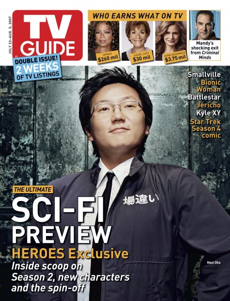TV Guide cover - Masi Oka, Mandy Patinkin, Kyra Sedgwick, Judge Judy Sheindlin, Oprah Winfrey - July 23, 2007