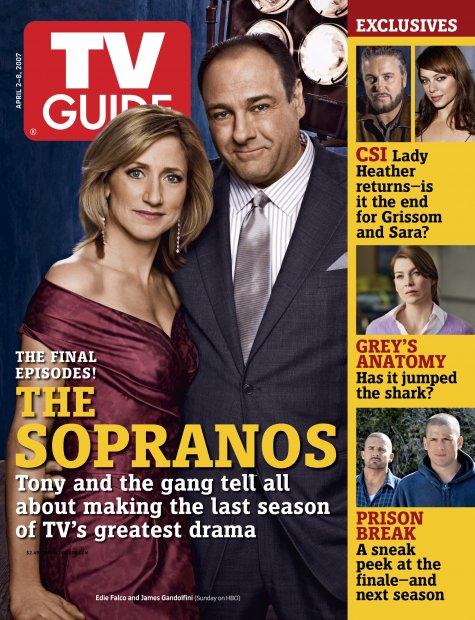 TV Guide cover - Melinda Clarke, Edie Falco, James Gandolfini, Wentworth Miller, William Petersen, Ellen Pompeo, Dominic Purcell - April 2, 2007