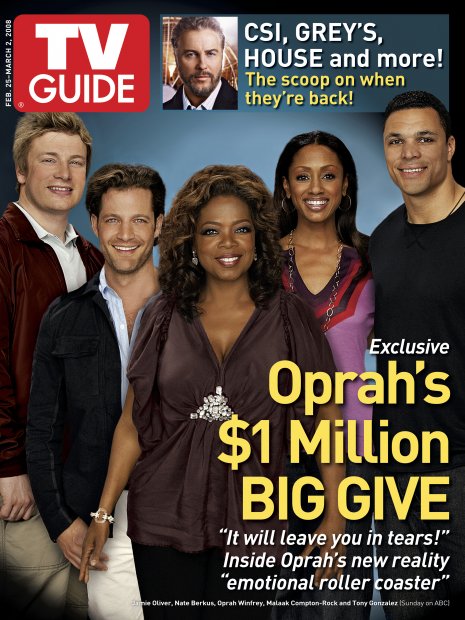 TV Guide cover - Nate Berkus, Malaak Compton-Rock, Tony Gonzalez, Jamie Oliver, William Petersen, Oprah Winfrey - February 25, 2008
