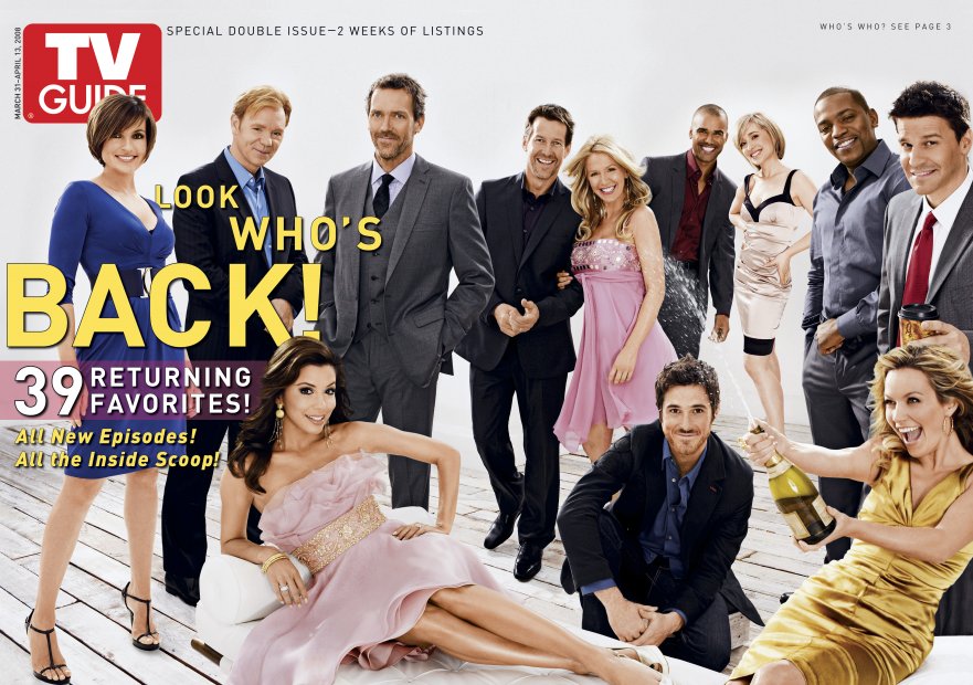 TV Guide cover - David Annable, David Boreanaz, David Caruso, James Denton, Mariska Hargitay, Hugh Laurie, Eva Longoria Parker, Allison Mack, Poppy Montgomery, Shemar Moore, Becky Newton, Mekhi Phifer - March 31, 2008