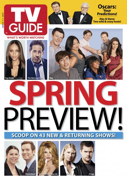 TV Guide cover - Kirstie Alley, Alez Baldwin, Tyra Banks, Chris Colfer, Lauren Graham, Peter Krause, Steve Martin, Kevin McHale, Lea Michele, Cory Monteith, Matthew Morrison, Amber Riley, Jerry Seinfeld, Jenna Ushkowitz - March 1, 2010