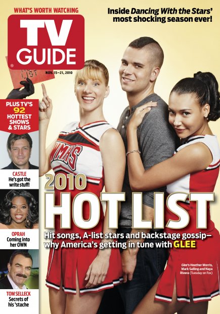 TV Guide cover - Heather Morris, Mark Salling, Naya Rivera, Nathan Fillion, Oprah Winfrey, Tom Selleck - November 15, 2010