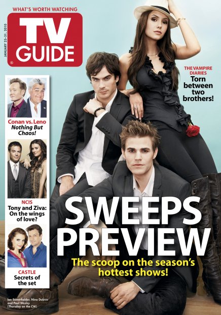 TV Guide cover - Cote de Pablo, Nathan Fillion, Stana Katic, Jay Leno, Conan O'Brien, Michael Weatherly, Nina Dobrev, Ian Somerholder, Paul Wesley - January 25, 2010