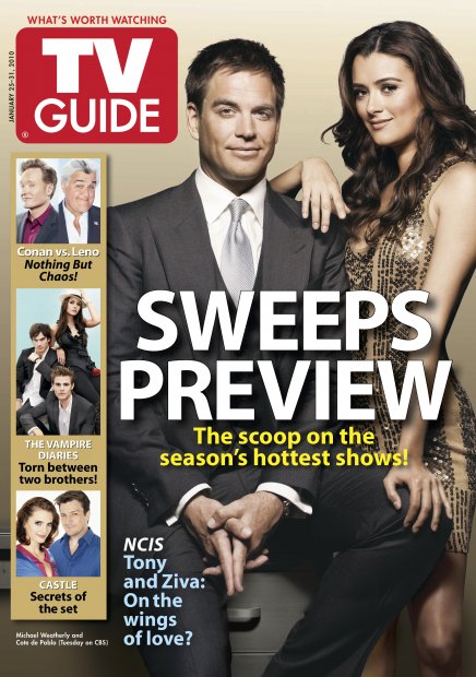 TV Guide cover - Cote de Pablo, Nathan Fillion, Stana Katic, Jay Leno, Conan O'Brien, Michael Weatherly, Nina Dobrev, Ian Somerholder, Paul Wesley - January 25, 2010