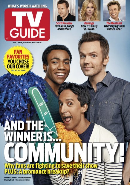 TV Guide cover - Donald Glover, Joel McHale, Danny Pudi, Emily VanCamp, Simon Baker, Jason O'Mara - December 5, 2011