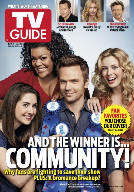 TV Guide cover - Alison Brie, Yvette Nicole Brown, Joel McHale, Gillian Jacobs, Emily VanCamp, Simon Baker, Jason O'Mara - December 5, 2011