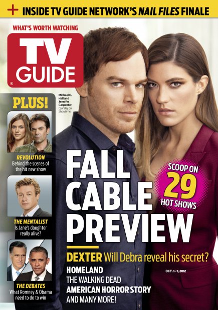 TV Guide cover - Michael C. Hall, Jennifer Carpenter, Tracy Spiridakos, Billy Burke, Simon Baker, Mitt Romney, Barack Obama - October 1, 2012