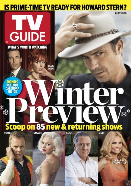 TV Guide cover - Timothy Olyphant, Kristin Chenoweth, Dustin Hoffman, Katharine McPhee, Kiefer Sutherland, Jon Hamm, Christina Hendricks - January 2, 2012