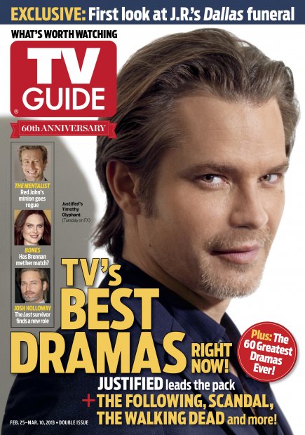 TV Guide cover - Timothy Olyphant, Simon Baker, Emily Deschanel, Josh Holloway - February 25, 2013