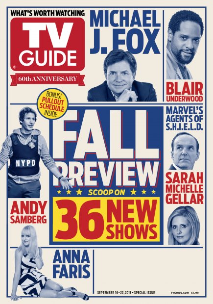 TV Guide cover - Michael J. Fox, Blair Underwood, Andy Samberg, Anna Faris, Sarah Michelle Gellar, Clark Gregg - September 16, 2013