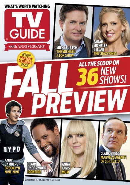 TV Guide cover - Michael J. Fox, Blair Underwood, Andy Samberg, Anna Faris, Sarah Michelle Gellar, Clark Gregg - September 16, 2013