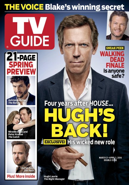 TV Guide cover - Mireille Enos, Peter Krause, Ashton Kutcher, Hugh Laurie, Aaron Paul, Blake Shelton - March 21, 2016