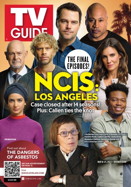 TV Guide cover - Caleb Castille, Linda Hunt, Gerald McRaney, Chris O’Donnell, Eric Christian Olsen, Medalion Rahimi, Daniela Ruah, LL Cool J - May 8, 2023